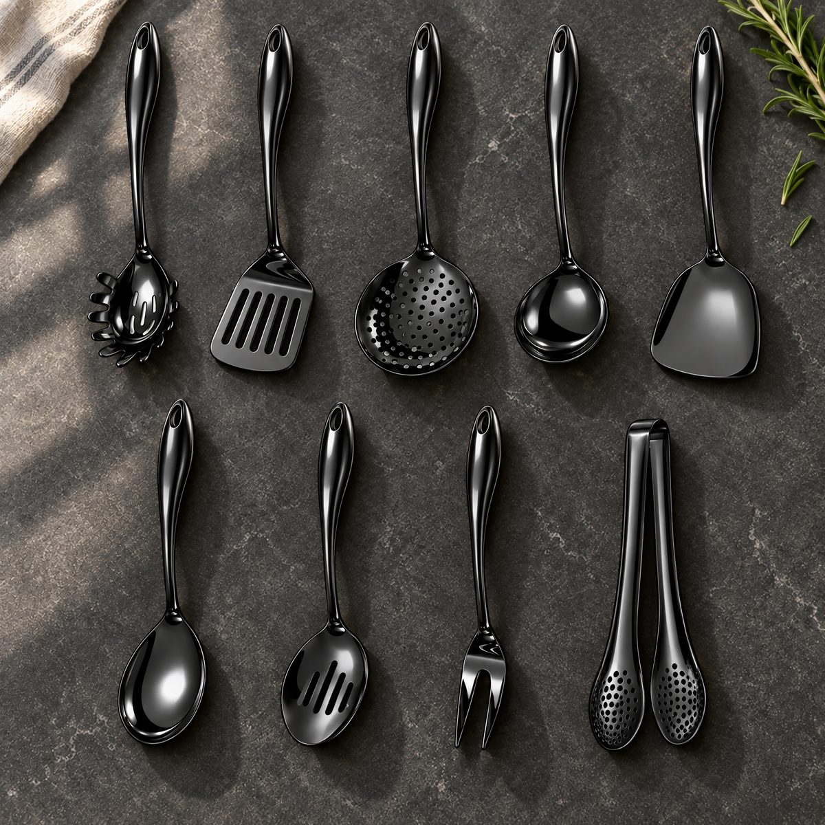 Nine black utensils in two rows on dark stone with a cloth and rosemary, including skimmer, wok turner, slotted spoon, fork and tongs. 29