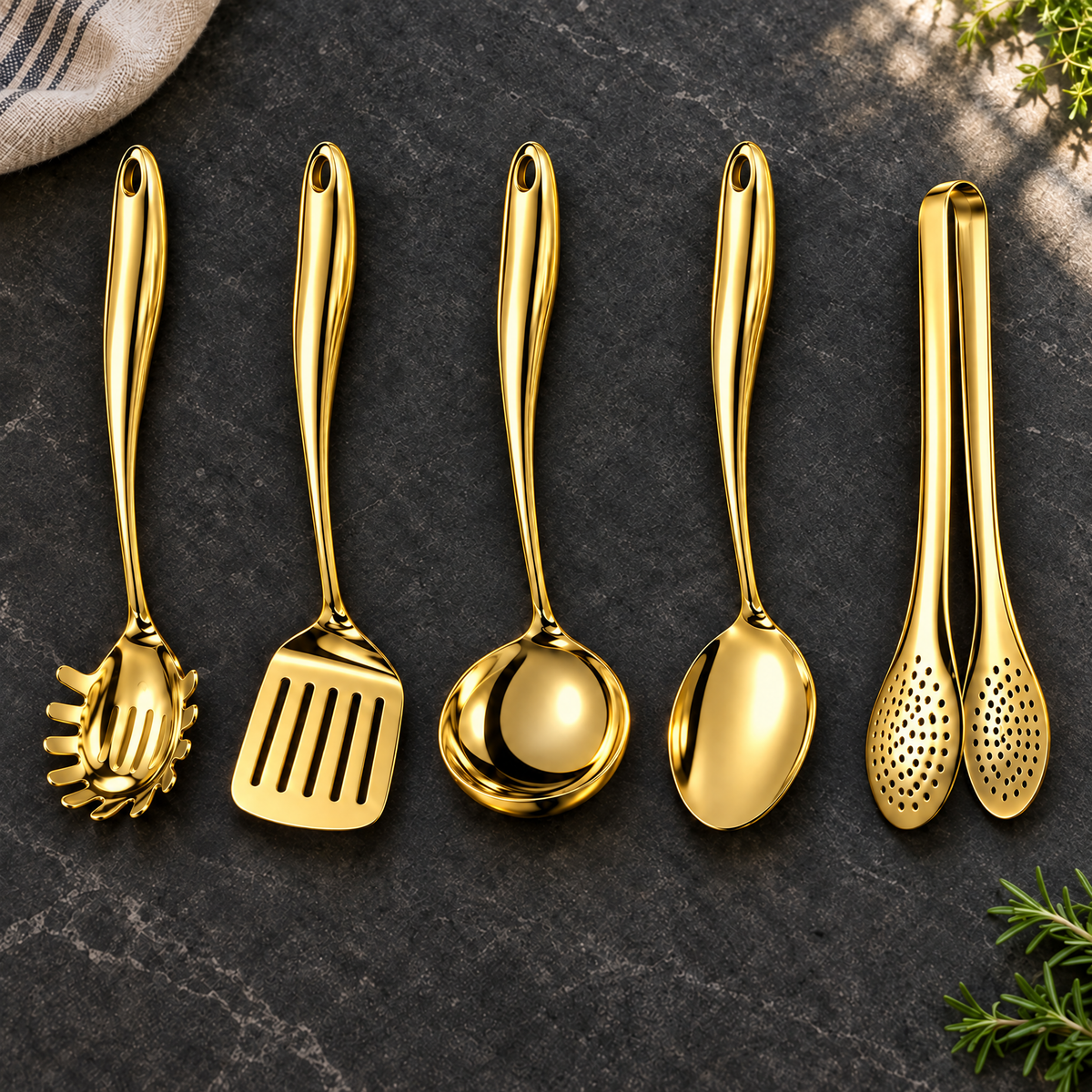Five gold-coloured utensils laid side by side on dark stone: pasta server, slotted turner, ladle, spoon and perforated tongs, with herbs nearby. 24