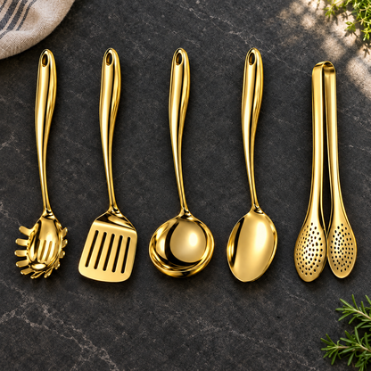 Five gold-coloured utensils laid side by side on dark stone: pasta server, slotted turner, ladle, spoon and perforated tongs, with herbs nearby. 24