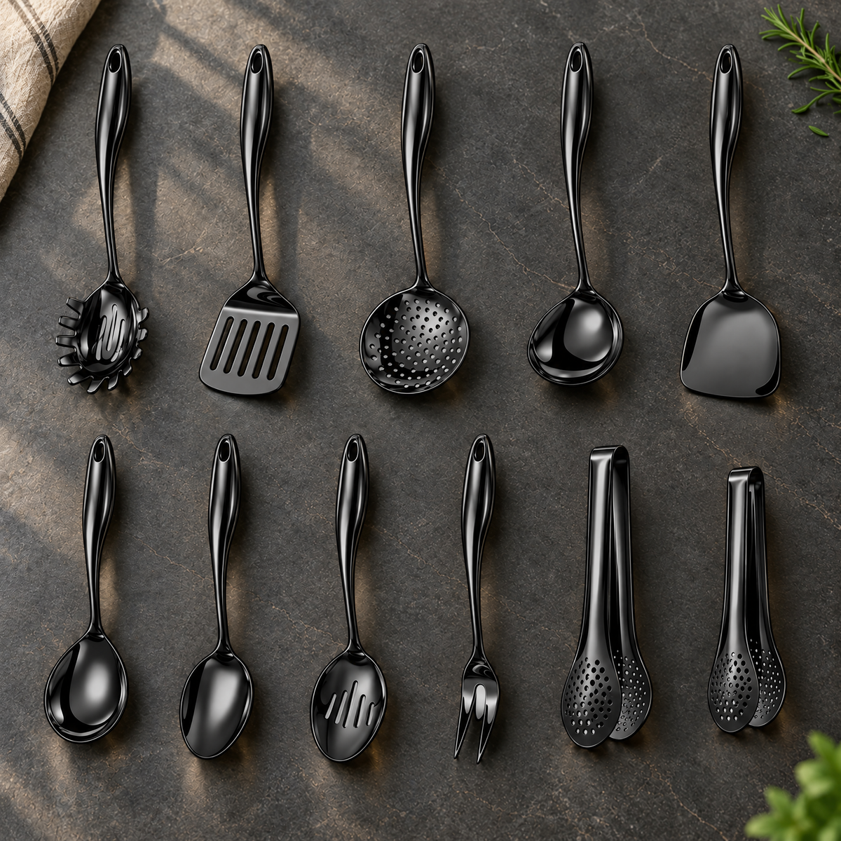 Eleven black utensils with curved handles arranged in two rows on a dark stone surface, including two pairs of tongs, with a cloth and herbs. 30