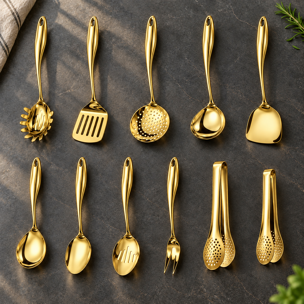 Eleven gold-coloured utensils arranged in two rows on a dark stone surface, including two pairs of perforated tongs, with a cloth and herbs. 26