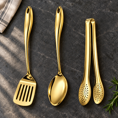 Gold-coloured slotted turner, solid spoon and perforated tongs laid on a dark stone worktop with a striped cloth and rosemary. 23