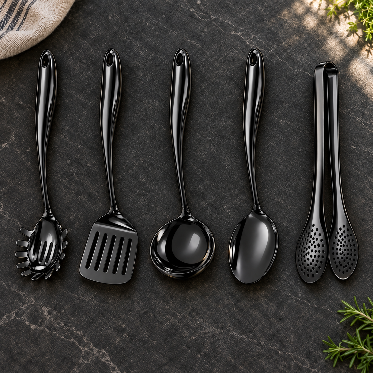 Five black utensils laid side by side on dark stone: pasta server, slotted turner, ladle, spoon and perforated tongs, with herbs in the corners. 28