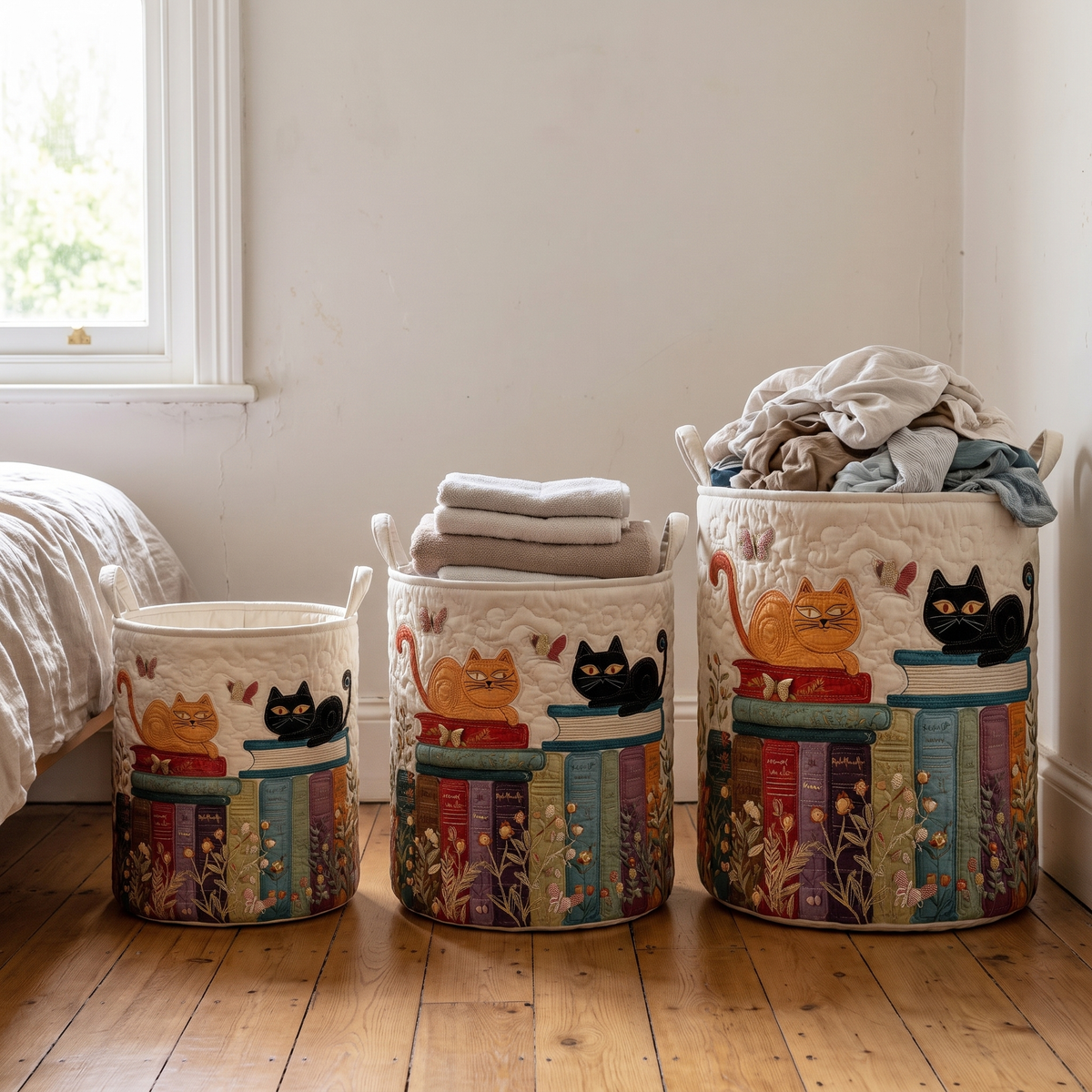 Three baskets in graduated sizes lined up on a wooden floor, holding folded towels and a heap of clothes. 3