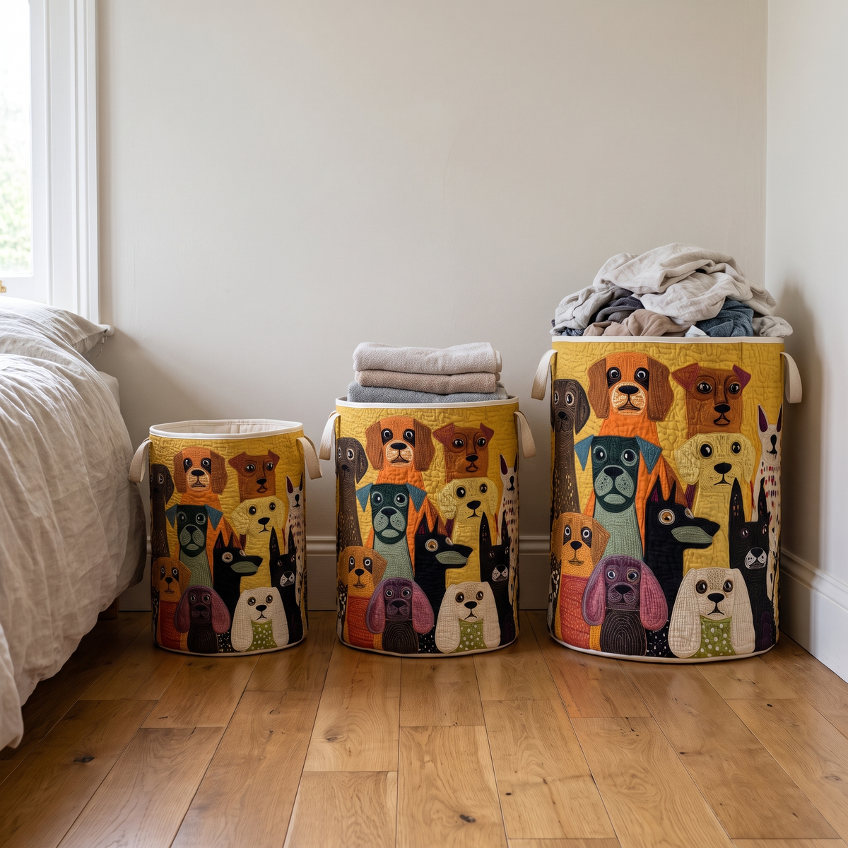 Three dog-patterned baskets in small, medium and large sizes lined up on a wooden floor, with folded towels and clothes inside. 3