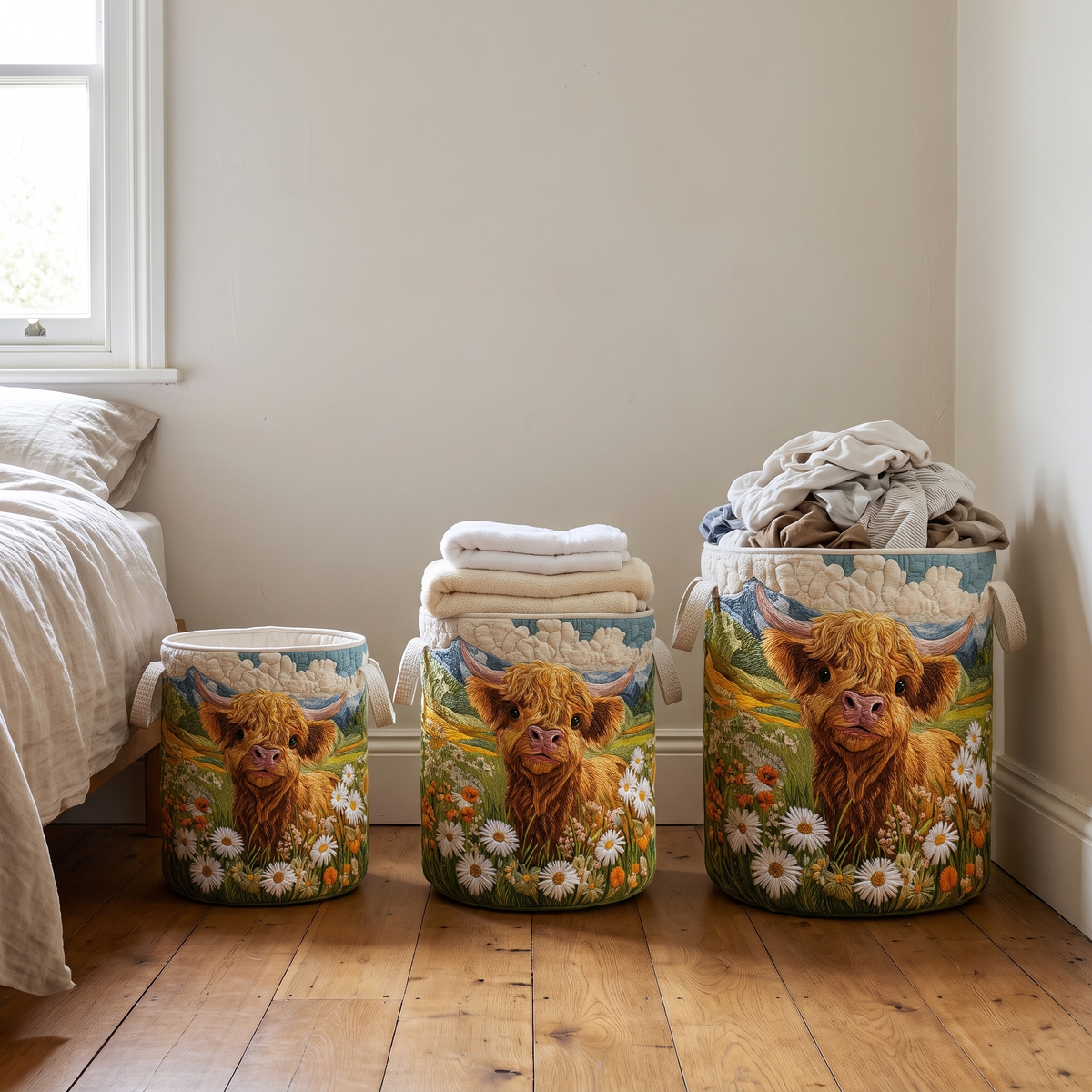 Three baskets in different sizes lined up against a bedroom wall, the smallest empty, the middle one holding folded towels, the largest full of laundry. 3