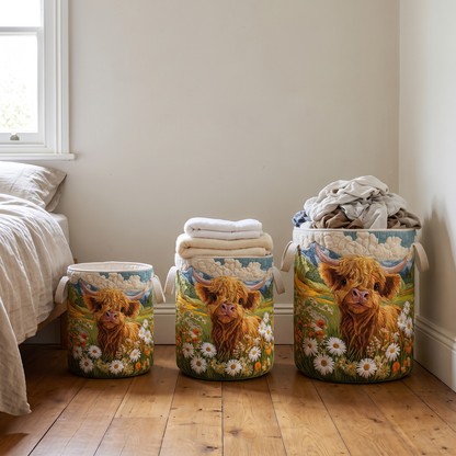 Three baskets in different sizes lined up against a bedroom wall, the smallest empty, the middle one holding folded towels, the largest full of laundry. 3