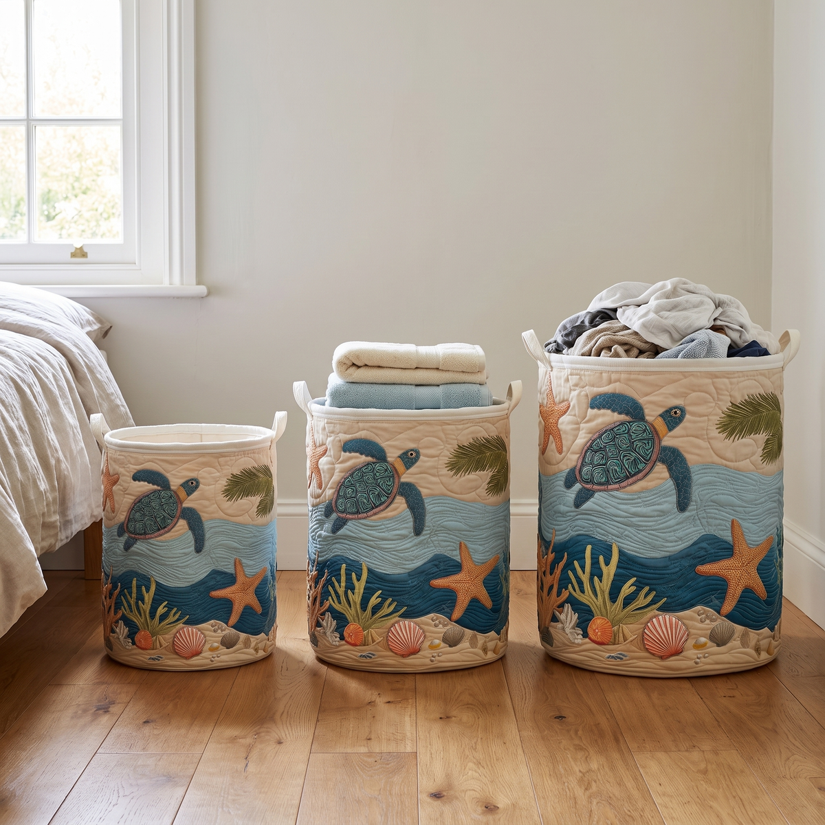 Three sizes of the sea turtle basket lined up on a wooden floor, the smaller ones empty or holding towels, the largest full of laundry. 3