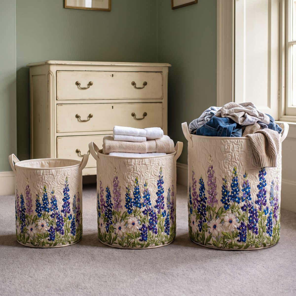 Three baskets in small, medium and large sizes side by side on a grey carpet, the larger two filled with towels and clothes. 3