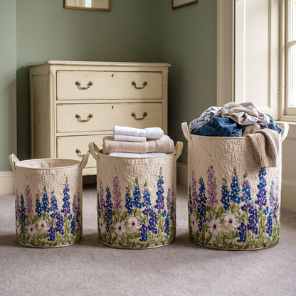 Three baskets in small, medium and large sizes side by side on a grey carpet, the larger two filled with towels and clothes. 3