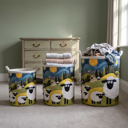 Three baskets in small, medium and large sizes side by side on a carpet, holding folded towels and loose clothes. 3