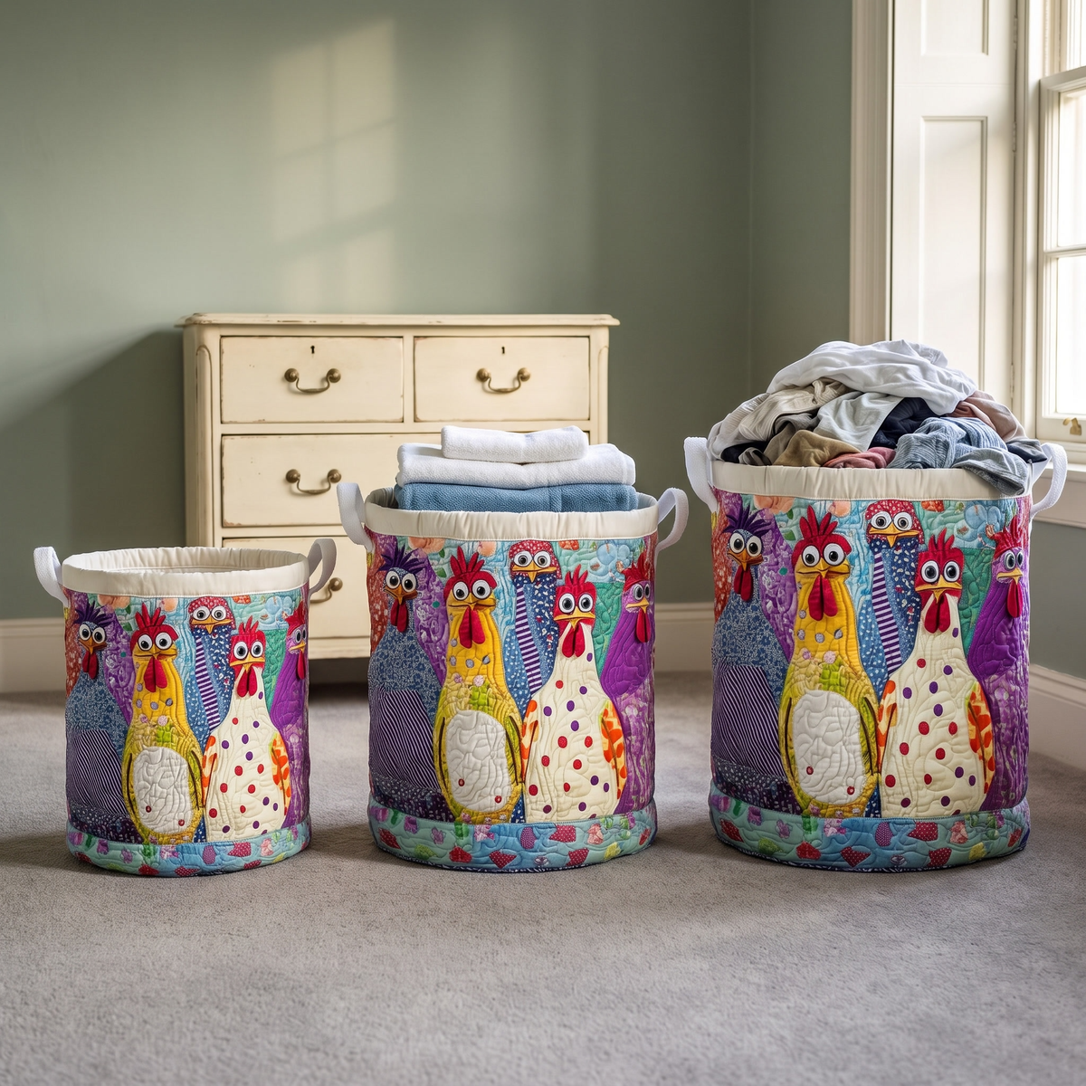 Three chicken-patterned baskets in small, medium and large sizes lined up on a grey carpet, the larger two filled with laundry. 3