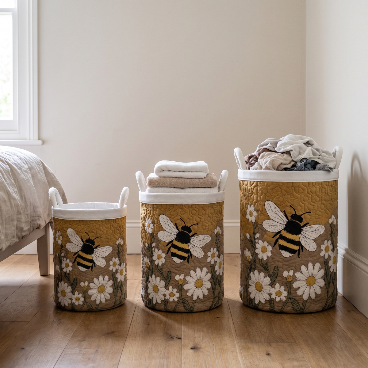 Three baskets in small, medium and large sizes lined up in a bedroom, holding folded towels and a heap of clothes. 4