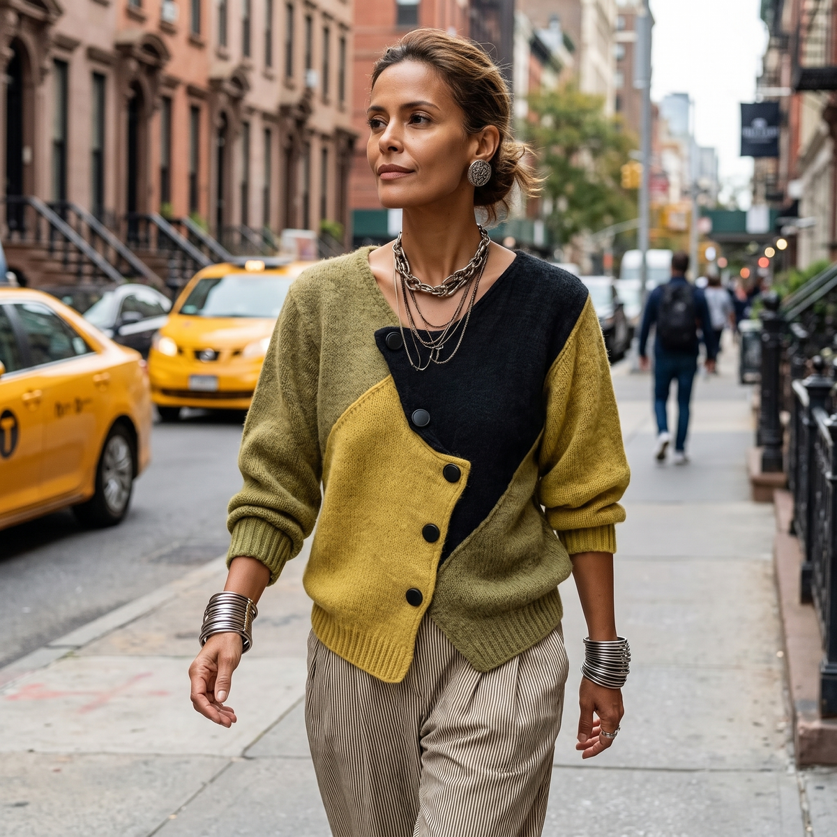 Woman walking down a city street in the colour-block sweater with diagonal buttons, striped trousers, layered necklaces and stacked bangles. 4