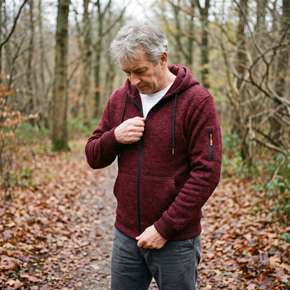 Older man wearing the burgundy zip-up hoodie over a white t-shirt on a leafy woodland path, fastening the zip. 6