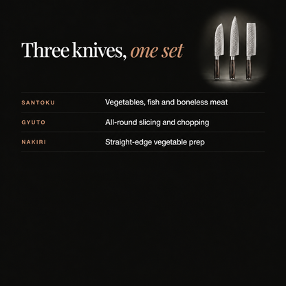 Graphic on a black background showing the three knives with a short list of their uses 4