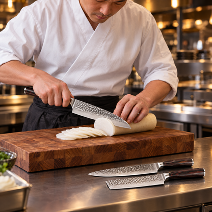 Chef in a professional kitchen slicing a white radish on a wooden block, two more knives nearby 5