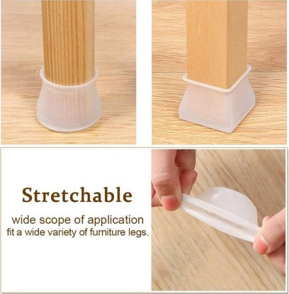 Collage showing caps fitted to a round leg and a square leg, with a hand stretching a cap to show its elasticity. 4