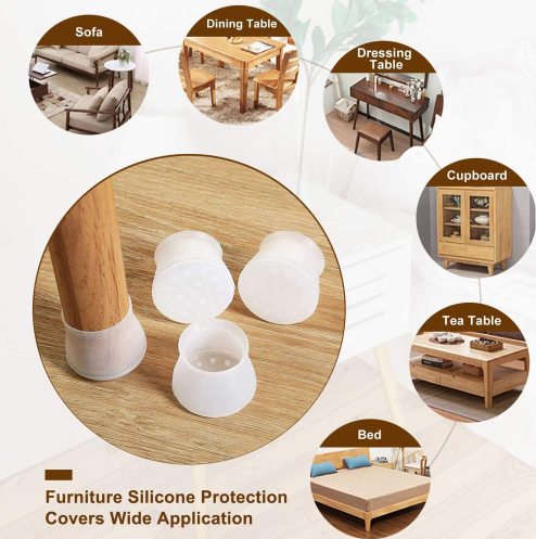 Silicone caps beside a wooden leg, surrounded by small pictures of a sofa, dining table, dressing table, cupboard, tea table and bed. 7