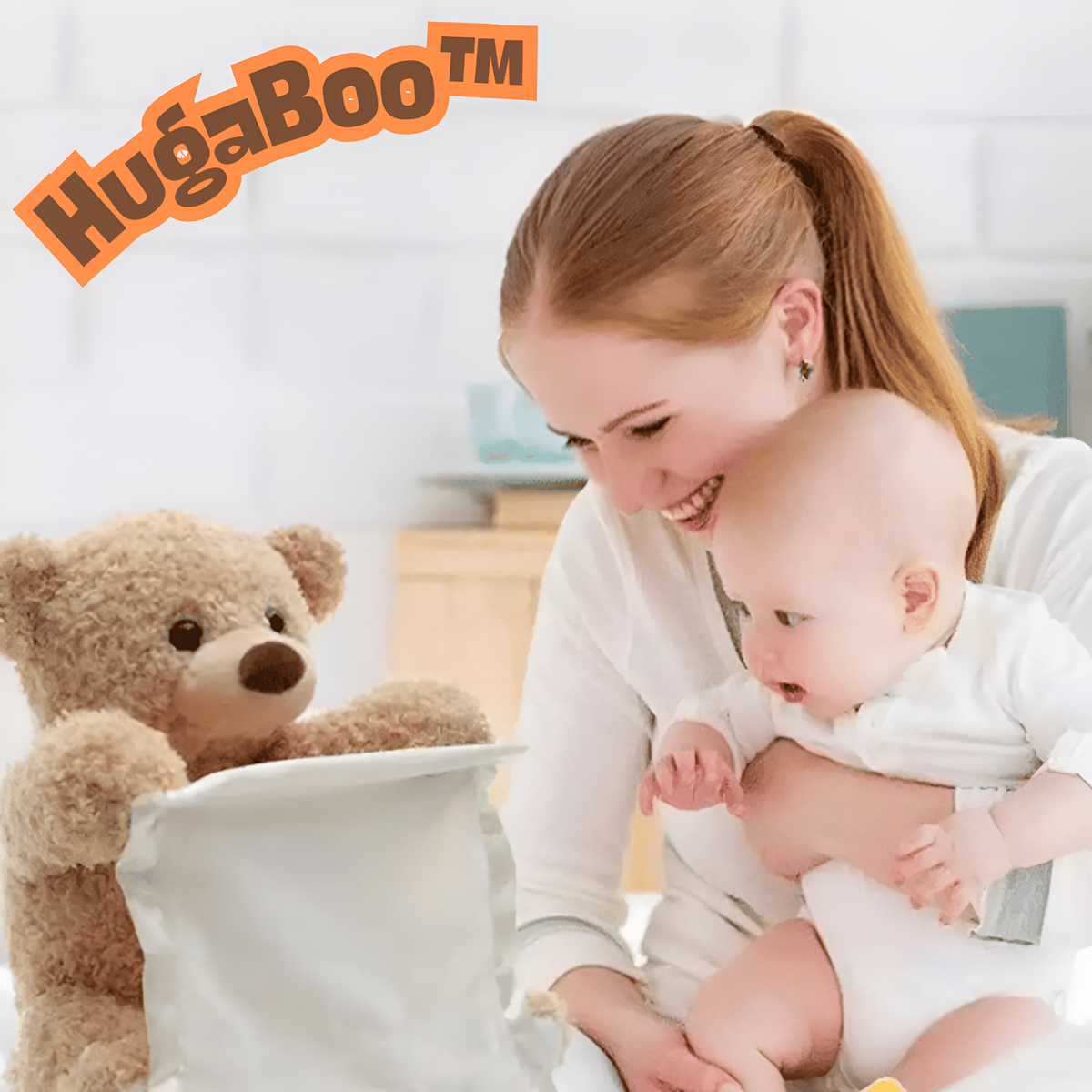 A smiling woman holds a baby who looks curiously at a fluffy beige teddy bear peeking over a cream cloth. 6