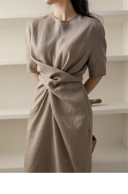 Lightweight khaki autumn dress with adjustable waistband – Isalie