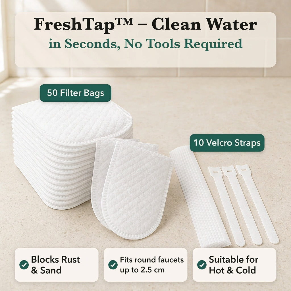 Flat lay of a stack of white quilted filter covers beside a bundle of white hook-and-loop straps on a worktop. 1