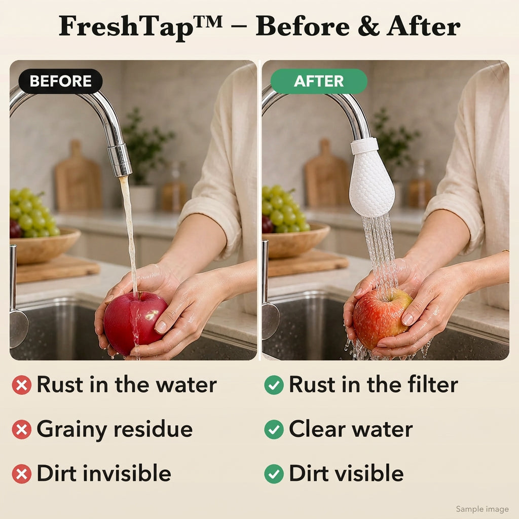 Side-by-side comparison of hands rinsing an apple, with discoloured water on the left and a fitted white cover giving clear water on the right. 9