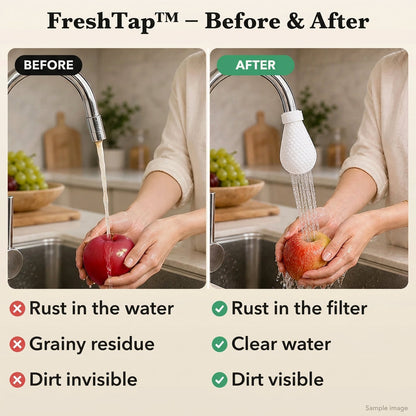 Side-by-side comparison of hands rinsing an apple, with discoloured water on the left and a fitted white cover giving clear water on the right. 9