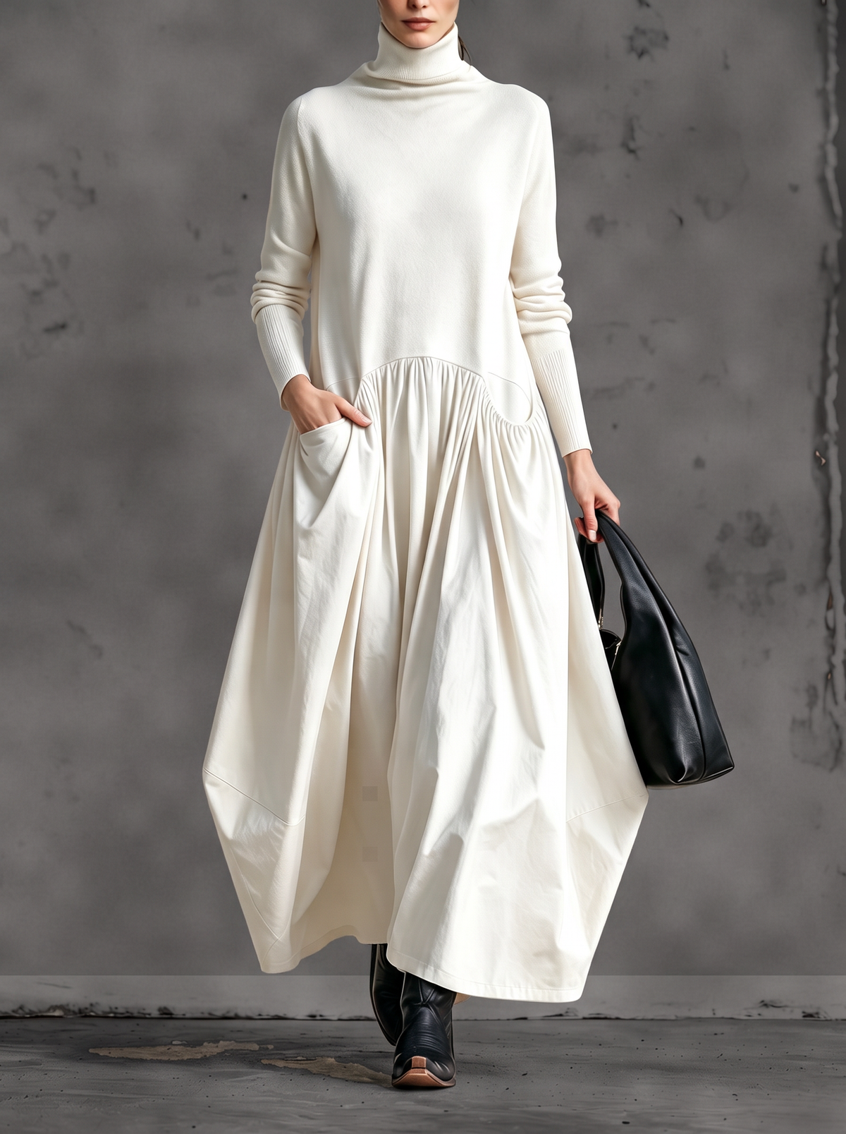 Model wearing the dress in cream white, front view with hand in the side pocket 5