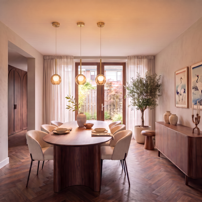 Three amber globe pendants with brass fittings hanging above a wooden dining table in warm evening light 4