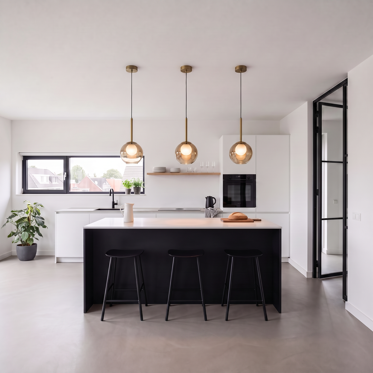 Three amber glass globe pendants with brass fittings hanging over a white kitchen island 2