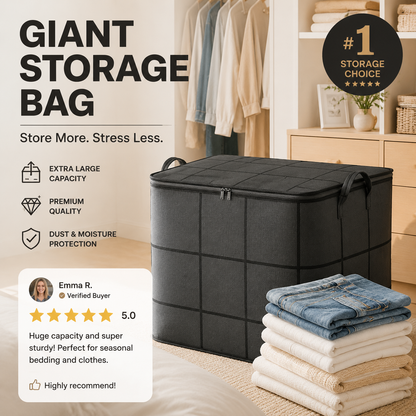 Dark grid-patterned storage bag in a bright dressing area, with folded jeans and sweaters in front and a customer review panel. 5