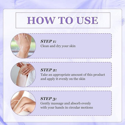 Three-step instruction graphic showing skin being cleaned, gel applied to a knee, then massaged in 4