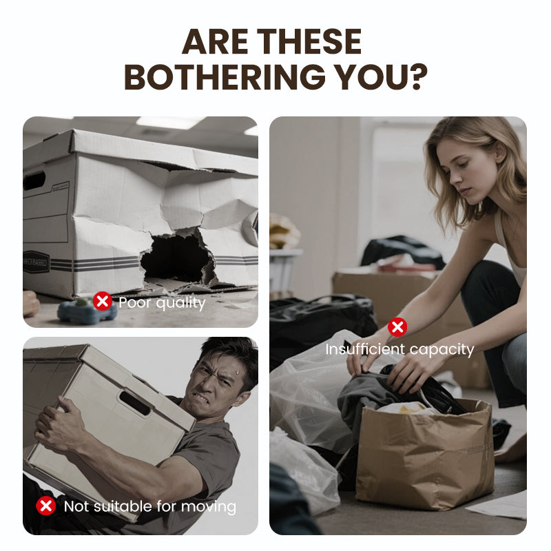 Collage of storage problems: a torn cardboard box, a man struggling to carry a box, and a woman with an overflowing paper bag. 2
