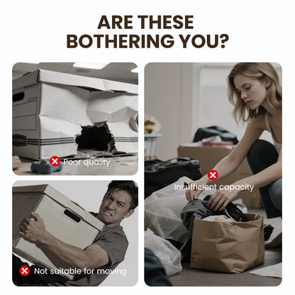 Collage of storage problems: a torn cardboard box, a man struggling to carry a box, and a woman with an overflowing paper bag. 2
