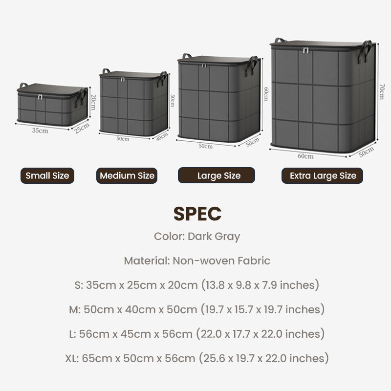 Four sizes of the dark storage bag lined up from small to extra large, with a list of dimensions underneath. 12