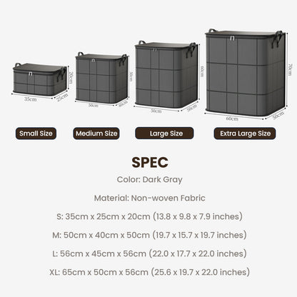 Four sizes of the dark storage bag lined up from small to extra large, with a list of dimensions underneath. 12