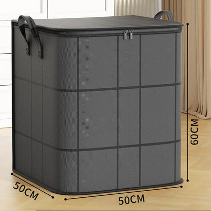 Large dark grey storage bag with grid lines, closed on a wooden floor, with its height, width and depth marked. 14