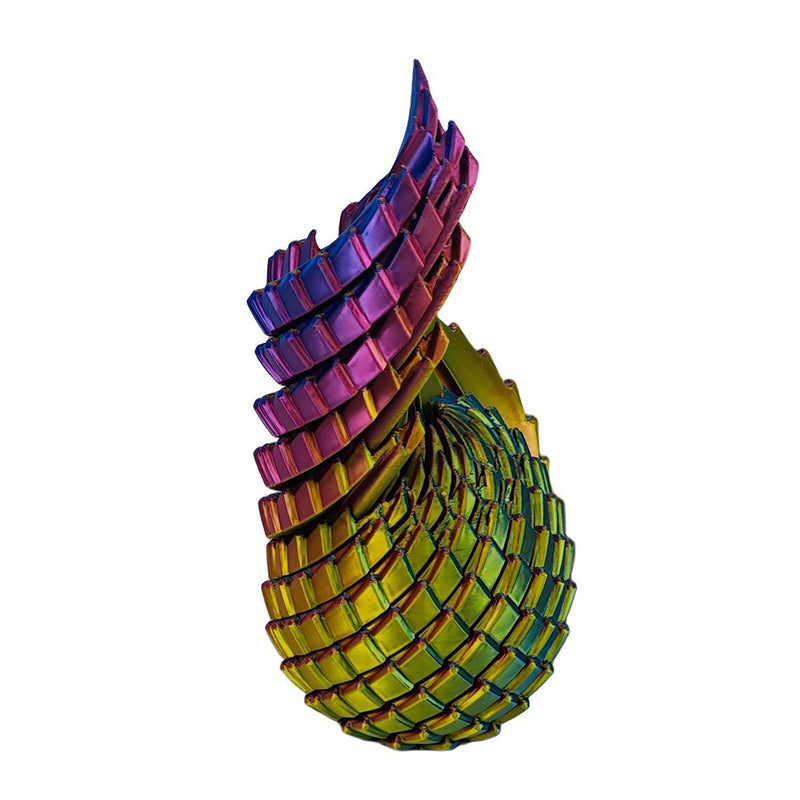 Egg partly twisted open into a spiral, its upper half unfurling in pink and purple above a green and gold base, on white. 8