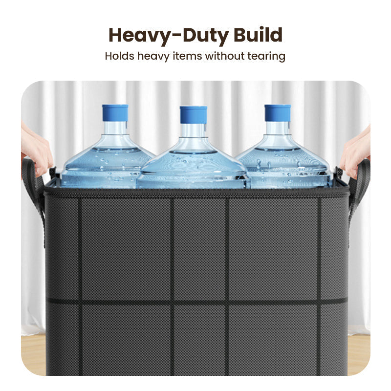 Dark storage bag holding three large blue-capped water bottles, held by hands at both handles to show its strength. 9