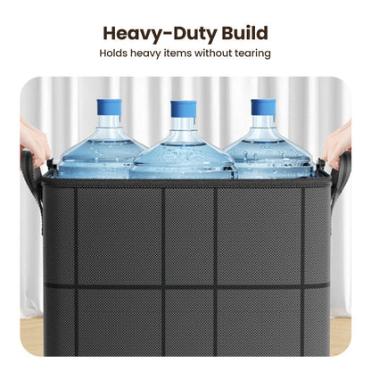 Dark storage bag holding three large blue-capped water bottles, held by hands at both handles to show its strength. 9