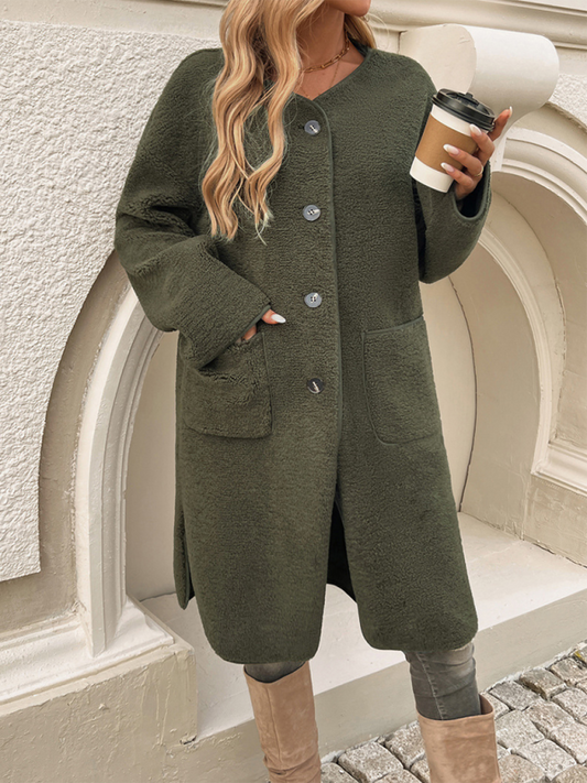 Long Fleece Women's Jacket with Button Closure – Elara