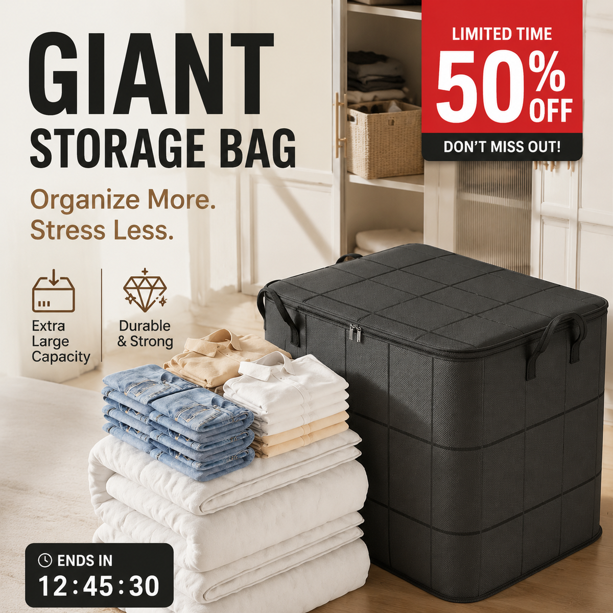 Dark storage bag with grid lines and handles beside neatly folded jeans, shirts and quilts on a wooden floor, with a promotional banner. 4
