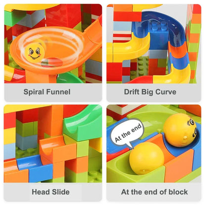 Four close-up panels showing a spiral funnel, a wide curved track, a head slide and the end collecting cup with yellow balls. 5