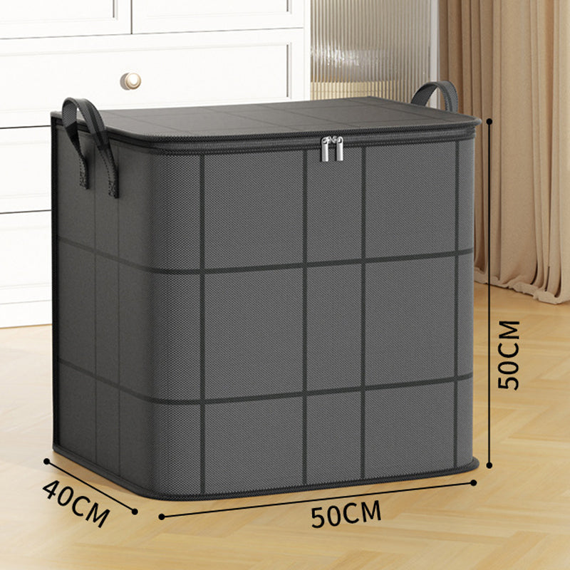 Medium dark grey storage bag with grid lines, closed and standing on a wooden floor, with height, width and depth marked. 13