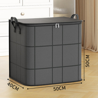 Medium dark grey storage bag with grid lines, closed and standing on a wooden floor, with height, width and depth marked. 13