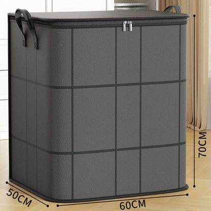 Extra large dark grey storage bag with grid lines, closed on a wooden floor, with its three dimensions marked beside it. 15