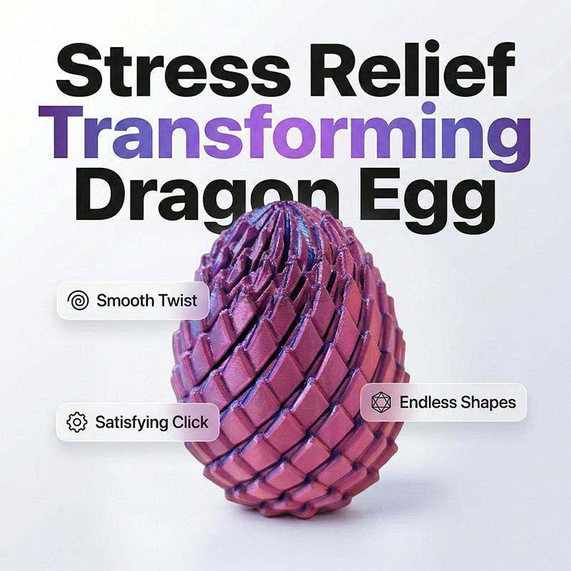 Pink and purple scaled egg standing upright on a pale background, shown in its closed egg shape with feature callouts around it. 1