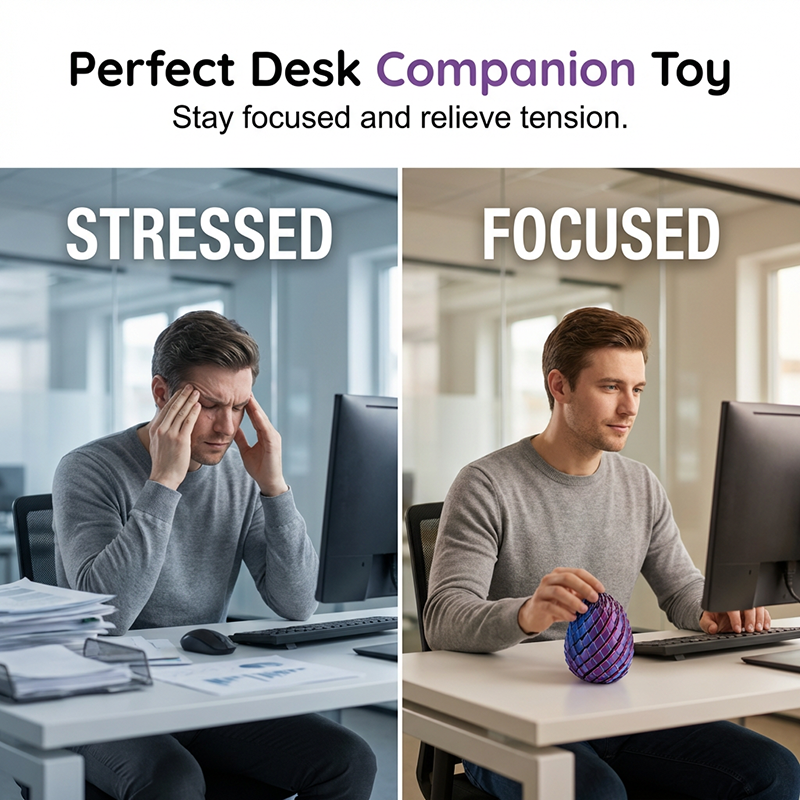 Before-and-after office scene: a stressed man at a desk beside the same man calmly holding the purple scaled egg. 2