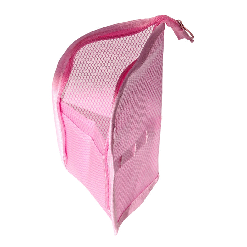 Pink mesh pouch on a white background, angled to show the zip opening, inner front pocket and small elastic loops. 9